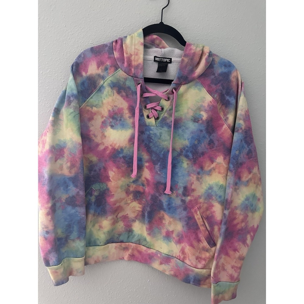 Hot Topic Womens Large Tie Dye Hoodie Lace Up Pullover Pink Blue Multicolor
